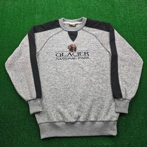 Glacier National Park Sweatshirt Mens Medium‎ Gray Vintage Embroidered Bear